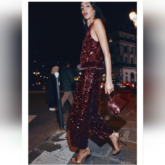 Zara Set Sequin Barrel Pants & Top With Faux Fur Hem NWT - Picture 14 of 16